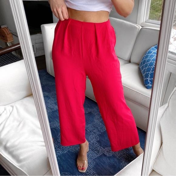 πΊ ZARA BOHO RASPBERRY RED HIGH WAIST WIDE LEG CROPPED PANTS! - Picture 1 of 14